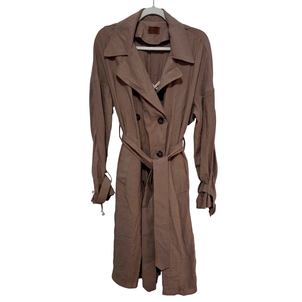 POL Anthropologie Womens Lace Up Back Trench Coat‎ Taupe Double Breasted Medium - Picture 2 of 9